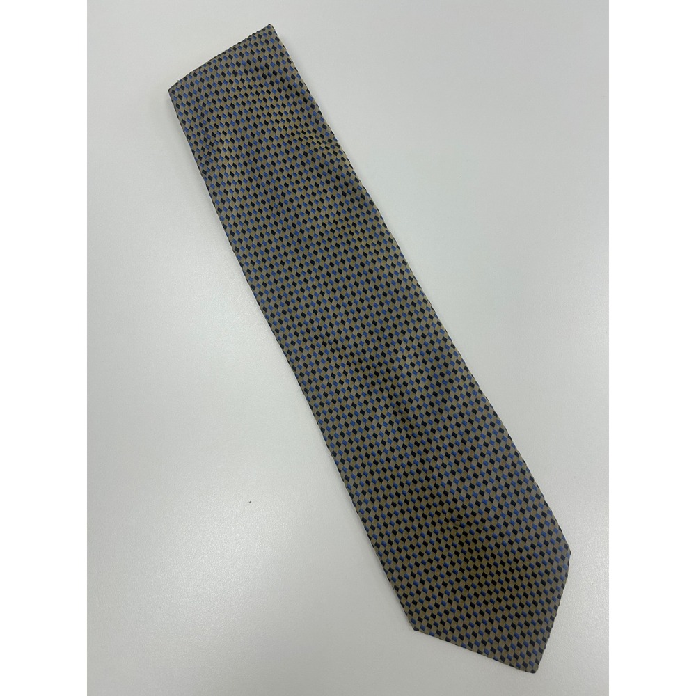 Bergamo New York Pure Silk Tie Vintage Geometric Blue Taupe Handmade Necktie